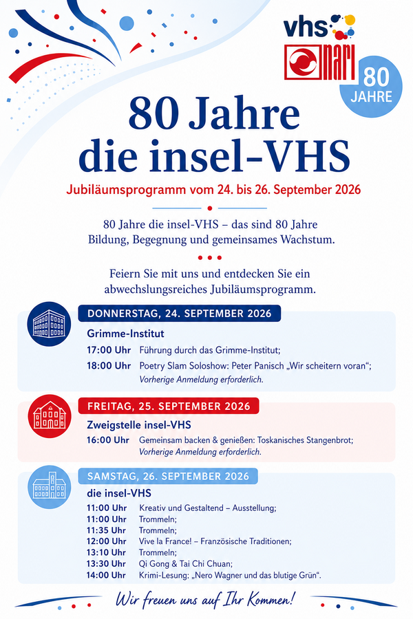 Um diese Jubiläum mit den Teilnehmerinnen und Teilnehmern, Dozentinnen und Dozenten und allen Marler Bürgerinnen und Bürgern zu feiern, haben wir eine kleine Veranstaltungsreihe zusammengestellt. Wir freuen uns auf Sie.